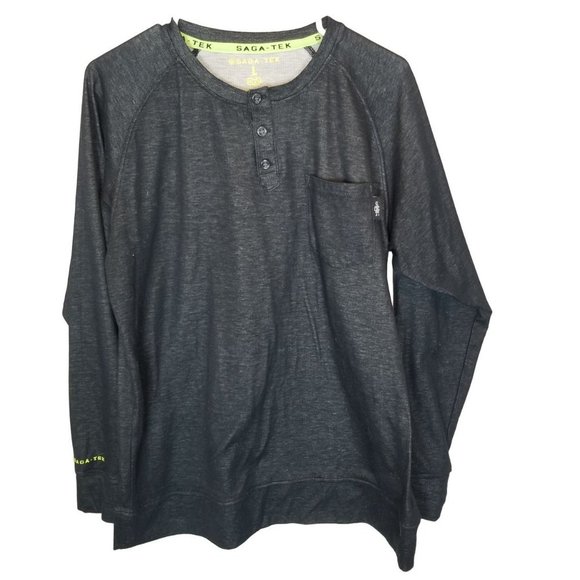Saga Tek Mens L Black Solid Long Sleeves Henley Ne - Picture 1 of 8